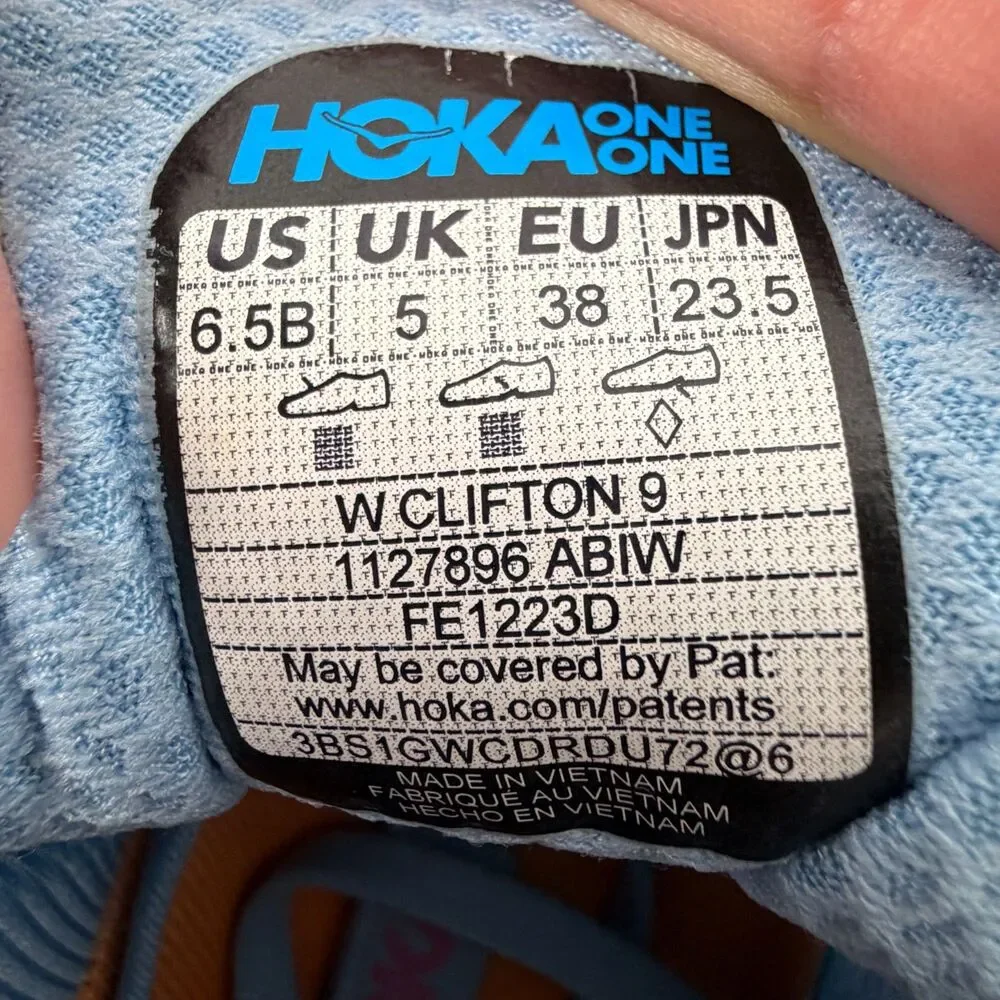Hoka One One Clifton 9 Womens 6.5B Airy Blue Orange Running Shoes 1127896